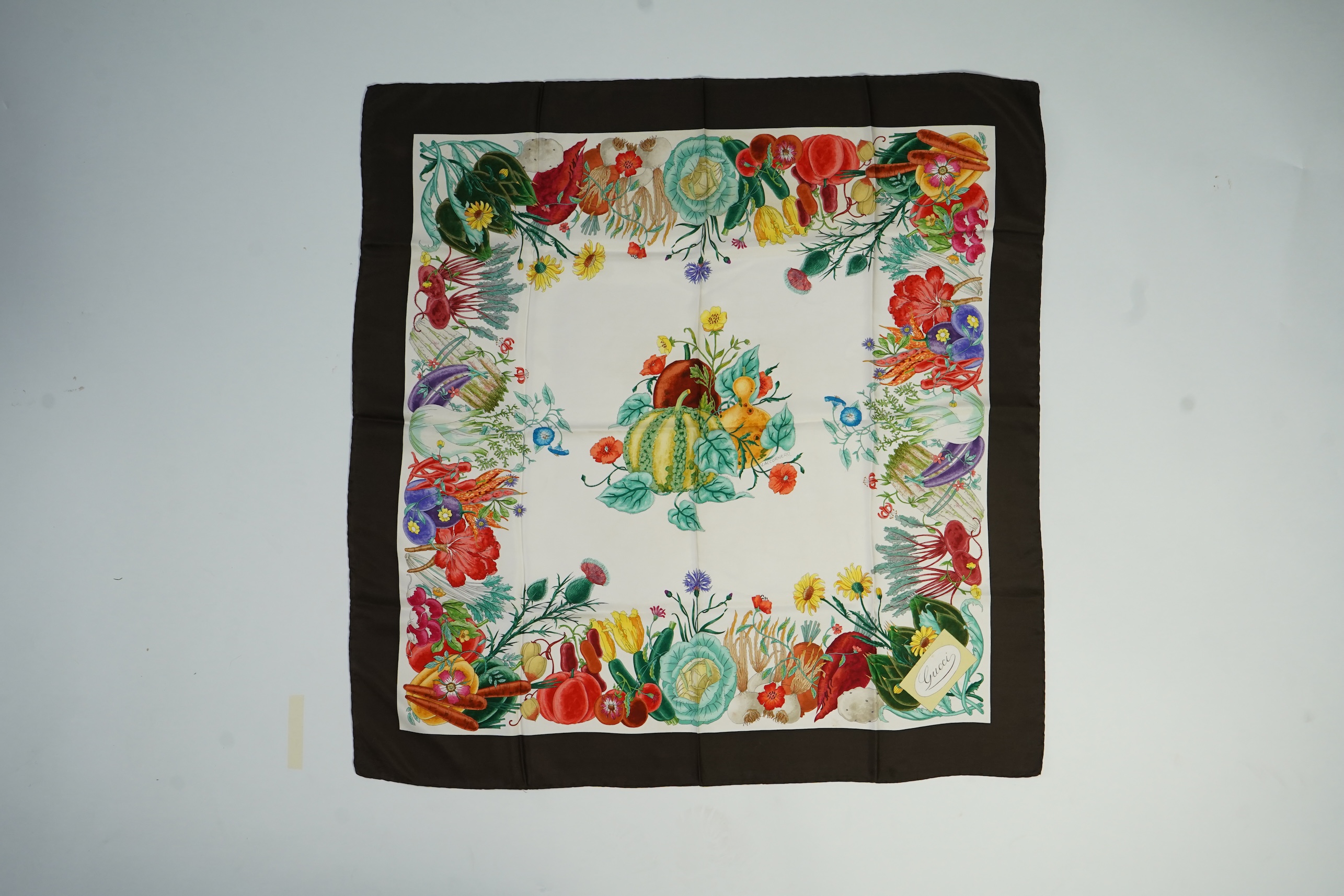 A Gucci vegetable garden design silk scarf by Vittorio Accornero, 87 x 86cm